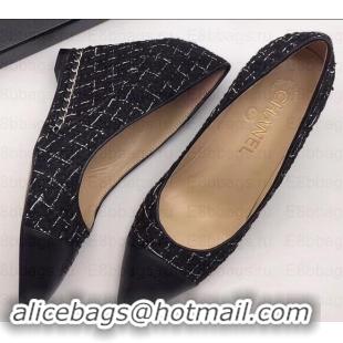 Popular Style Chanel Chain Heel 8cm Wedge Pumps Tweed Grid G35239 Black 2019