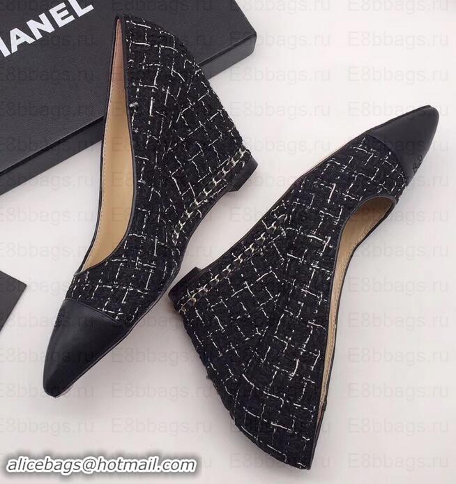 Popular Style Chanel Chain Heel 8cm Wedge Pumps Tweed Grid G35239 Black 2019