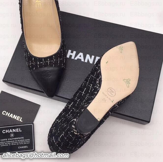 Popular Style Chanel Chain Heel 8cm Wedge Pumps Tweed Grid G35239 Black 2019