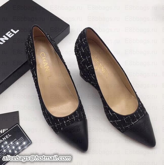 Popular Style Chanel Chain Heel 8cm Wedge Pumps Tweed Grid G35239 Black 2019