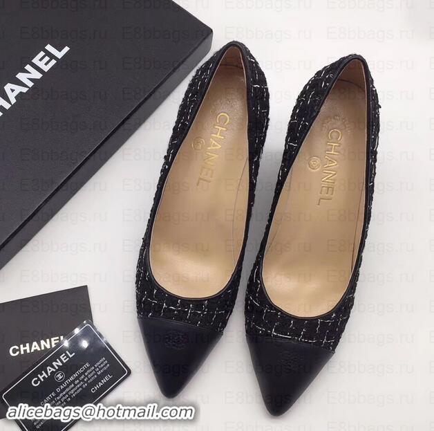 Popular Style Chanel Chain Heel 8cm Wedge Pumps Tweed Grid G35239 Black 2019