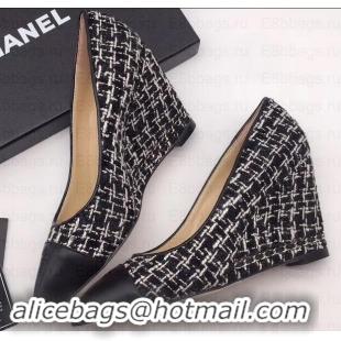 Sophisticated Chanel Chain Heel 8cm Wedge Pumps Tweed Grid G35239 White/Black 2019