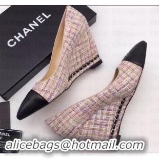 Best Quality Chanel Chain Heel 8cm Wedge Pumps Tweed Grid G35239 Pink 2019