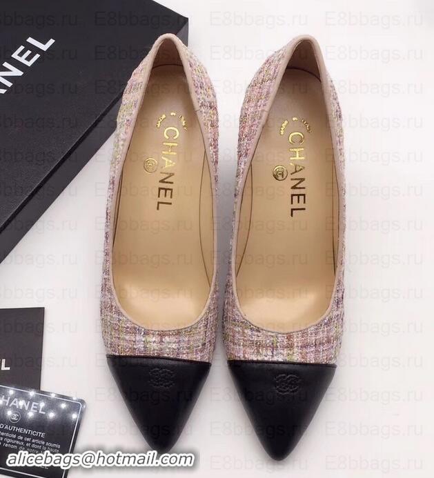 Best Quality Chanel Chain Heel 8cm Wedge Pumps Tweed Grid G35239 Pink 2019