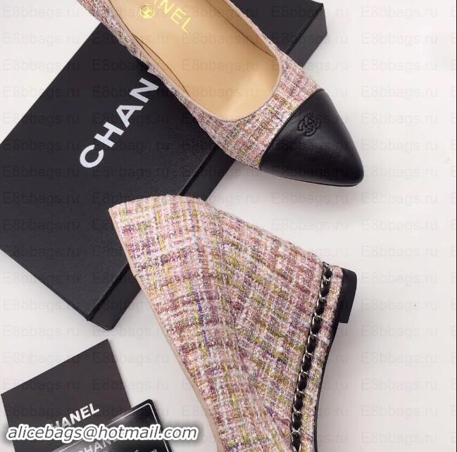 Best Quality Chanel Chain Heel 8cm Wedge Pumps Tweed Grid G35239 Pink 2019