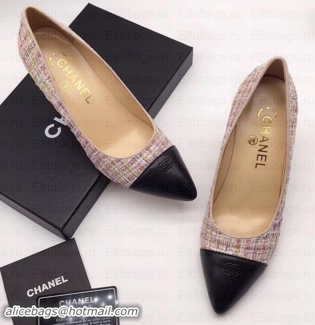 Best Quality Chanel Chain Heel 8cm Wedge Pumps Tweed Grid G35239 Pink 2019