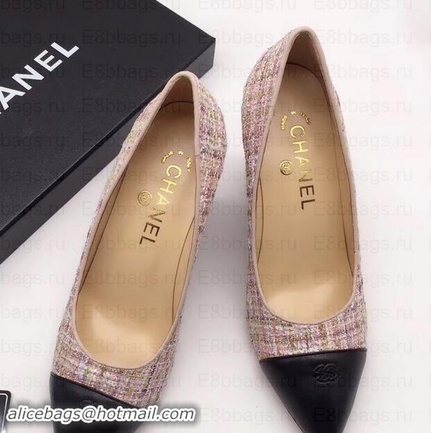 Best Quality Chanel Chain Heel 8cm Wedge Pumps Tweed Grid G35239 Pink 2019