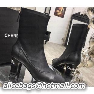 Discount Chanel Logo Heel 6.5cm Ankle Boots Leather G35242 Black 2019