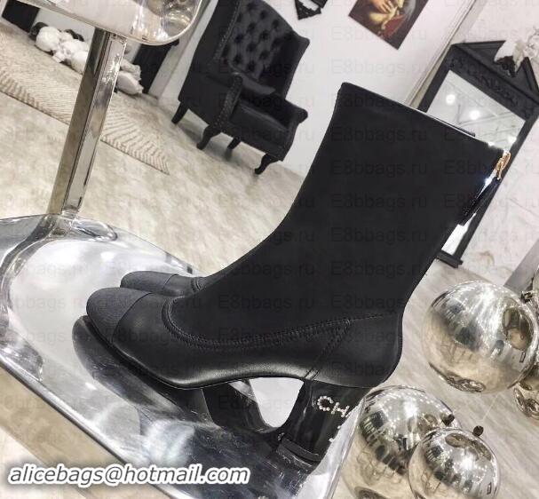 Discount Chanel Logo Heel 6.5cm Ankle Boots Leather G35242 Black 2019