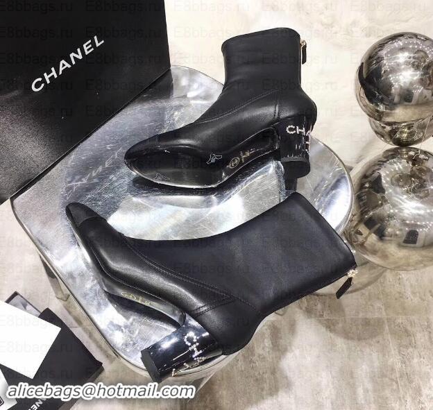 Discount Chanel Logo Heel 6.5cm Ankle Boots Leather G35242 Black 2019