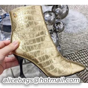 Discount Chanel Heel 8.5cm Ankle Boots G34902 Crocodile Embossed Metallic Gold 2019