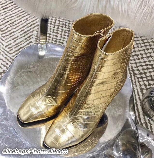 Discount Chanel Heel 8.5cm Ankle Boots G34902 Crocodile Embossed Metallic Gold 2019