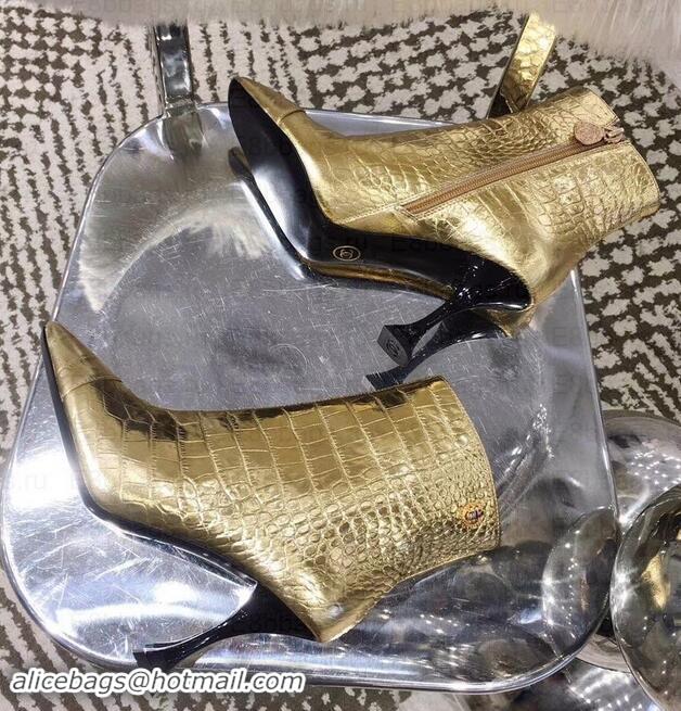 Discount Chanel Heel 8.5cm Ankle Boots G34902 Crocodile Embossed Metallic Gold 2019