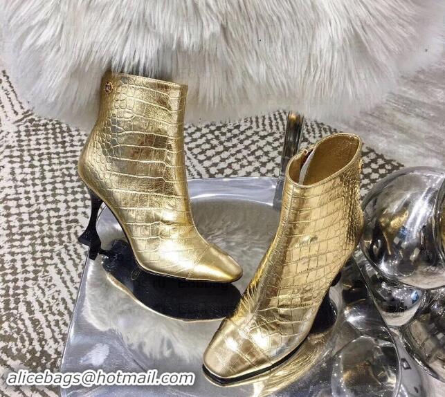 Discount Chanel Heel 8.5cm Ankle Boots G34902 Crocodile Embossed Metallic Gold 2019