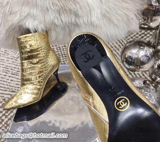 Discount Chanel Heel 8.5cm Ankle Boots G34902 Crocodile Embossed Metallic Gold 2019