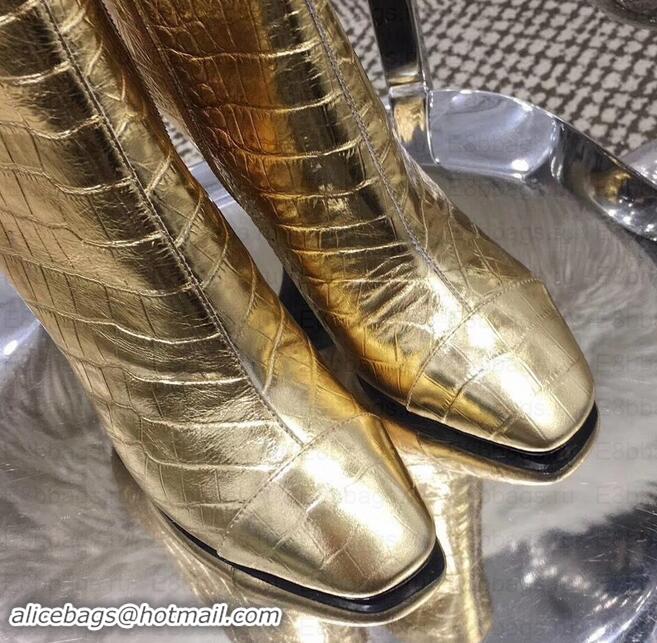 Discount Chanel Heel 8.5cm Ankle Boots G34902 Crocodile Embossed Metallic Gold 2019