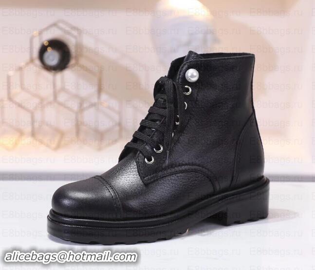 Discounts Chanel Leather Heel 5cm Pearl Lace-up Ankle Boots G349014 Black