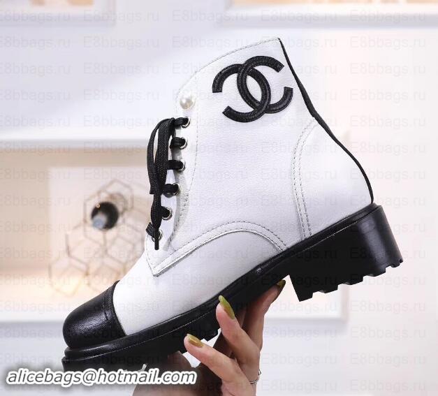 Grade Chanel Leather Heel 5cm Pearl Lace-up Ankle Boots G349014 White