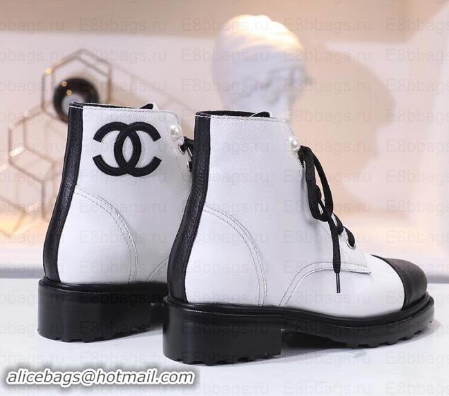 Grade Chanel Leather Heel 5cm Pearl Lace-up Ankle Boots G349014 White