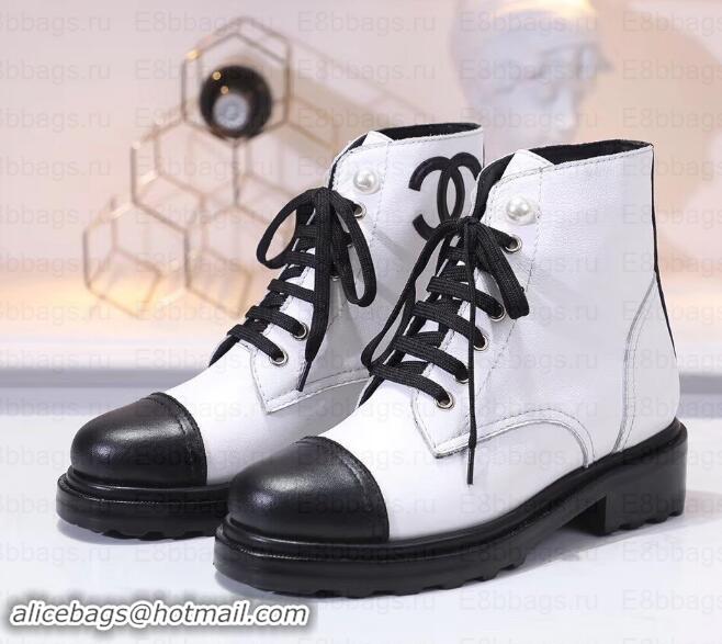 Grade Chanel Leather Heel 5cm Pearl Lace-up Ankle Boots G349014 White