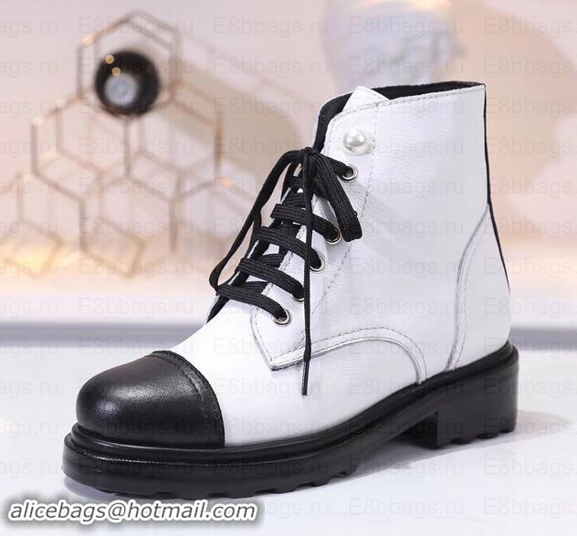 Grade Chanel Leather Heel 5cm Pearl Lace-up Ankle Boots G349014 White