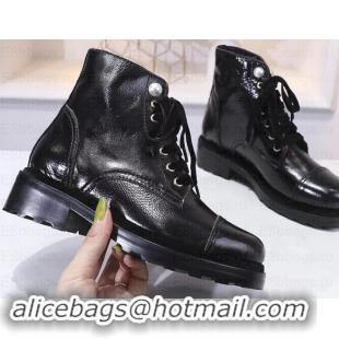 Best Product Chanel Leather Heel 5cm Pearl Lace-up Ankle Boots G349014 Crinkled Patent Black 2019