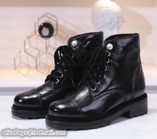 Best Product Chanel Leather Heel 5cm Pearl Lace-up Ankle Boots G349014 Crinkled Patent Black 2019