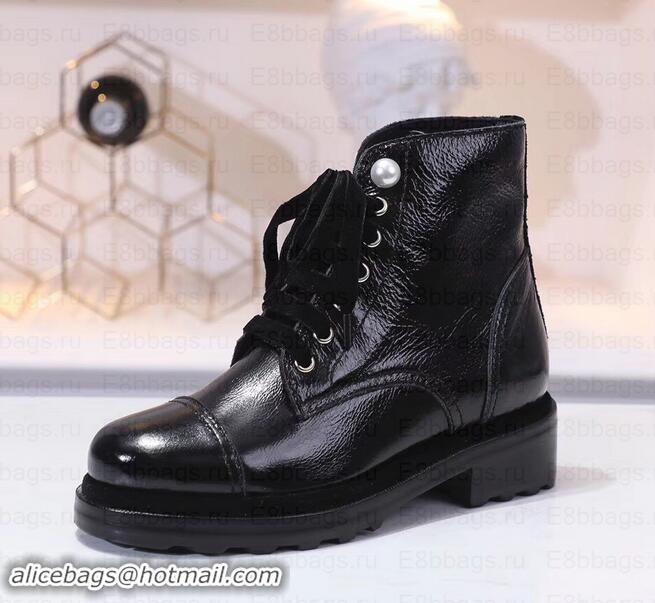 Best Product Chanel Leather Heel 5cm Pearl Lace-up Ankle Boots G349014 Crinkled Patent Black 2019