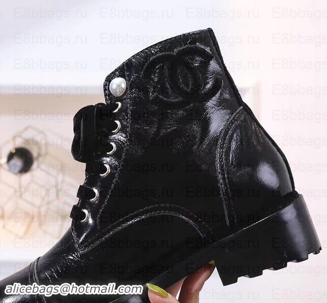 Best Product Chanel Leather Heel 5cm Pearl Lace-up Ankle Boots G349014 Crinkled Patent Black 2019