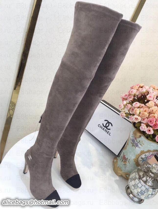 Most Popular Chanel Heel 8.5cm High Boots Suede G349019 Gray 2019