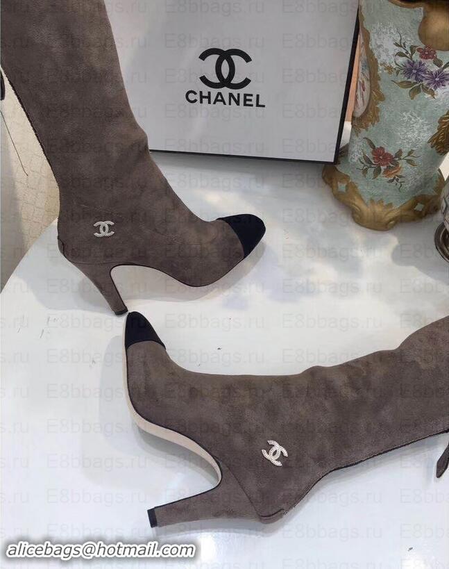 Most Popular Chanel Heel 8.5cm High Boots Suede G349019 Gray 2019