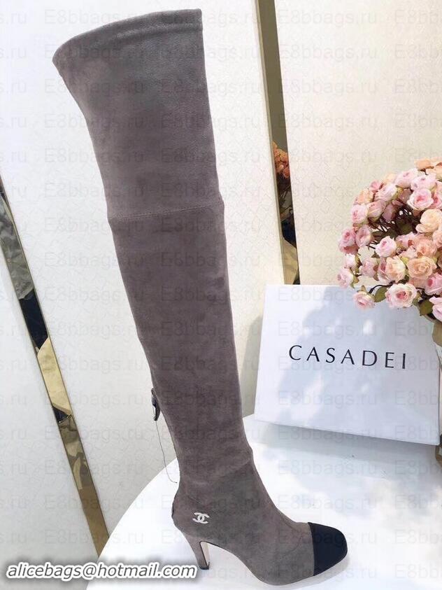 Most Popular Chanel Heel 8.5cm High Boots Suede G349019 Gray 2019