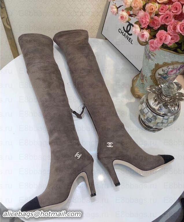 Most Popular Chanel Heel 8.5cm High Boots Suede G349019 Gray 2019