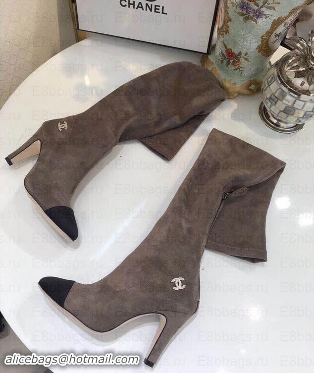 Most Popular Chanel Heel 8.5cm High Boots Suede G349019 Gray 2019