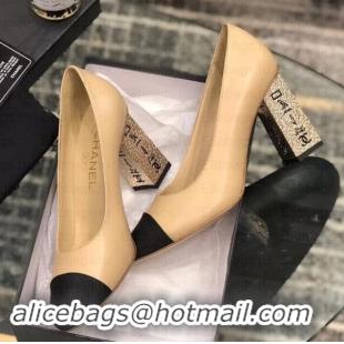 Fashion Chanel Heel 8cm Lambskin/Grosgrain Pumps G34905 apricot/Black 2019