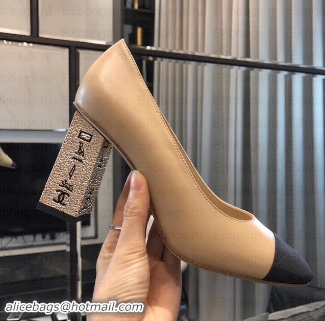 Fashion Chanel Heel 8cm Lambskin/Grosgrain Pumps G34905 apricot/Black 2019