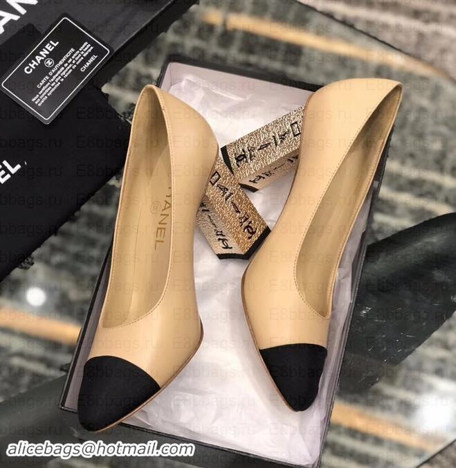 Fashion Chanel Heel 8cm Lambskin/Grosgrain Pumps G34905 apricot/Black 2019