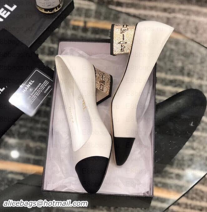 Discounts Chanel Heel 4cm Lambskin/Grosgrain Pumps G34906 white/Black 2019