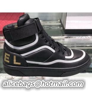 Discounts Chanel Logo Satin Finish Lambskin High-top Sneakers G35062 Black/White 2019