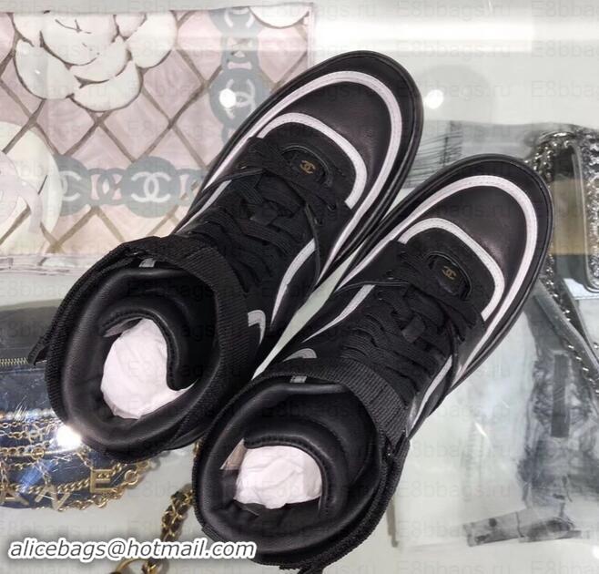 Discounts Chanel Logo Satin Finish Lambskin High-top Sneakers G35062 Black/White 2019