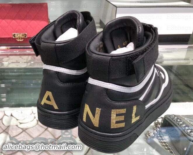 Discounts Chanel Logo Satin Finish Lambskin High-top Sneakers G35062 Black/White 2019