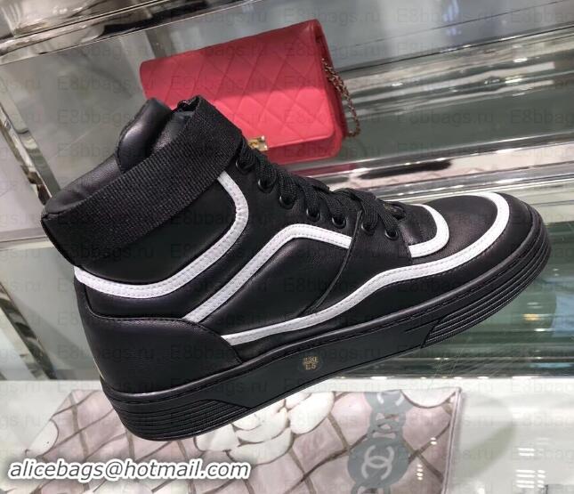 Discounts Chanel Logo Satin Finish Lambskin High-top Sneakers G35062 Black/White 2019