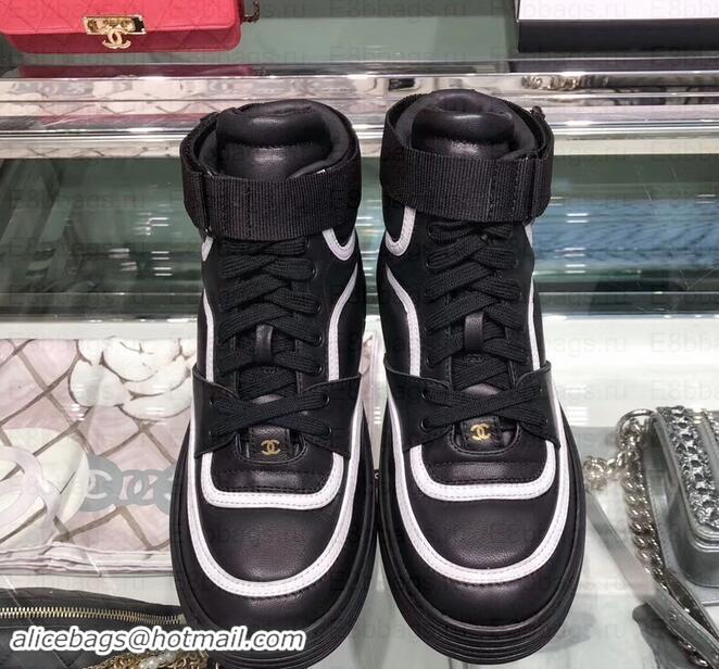 Discounts Chanel Logo Satin Finish Lambskin High-top Sneakers G35062 Black/White 2019