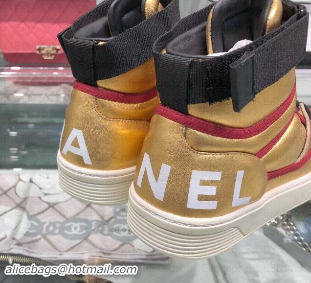 Classic Chanel Logo Satin Finish Lambskin High-top Sneakers G35062 Metallic Gold/Fuchsia 2019