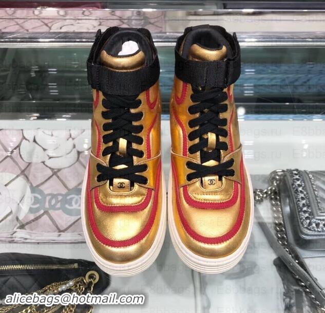 Classic Chanel Logo Satin Finish Lambskin High-top Sneakers G35062 Metallic Gold/Fuchsia 2019