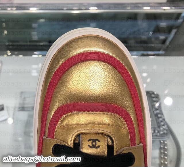 Classic Chanel Logo Satin Finish Lambskin High-top Sneakers G35062 Metallic Gold/Fuchsia 2019