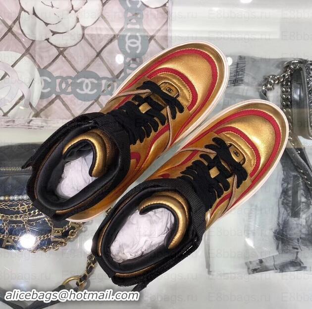 Classic Chanel Logo Satin Finish Lambskin High-top Sneakers G35062 Metallic Gold/Fuchsia 2019