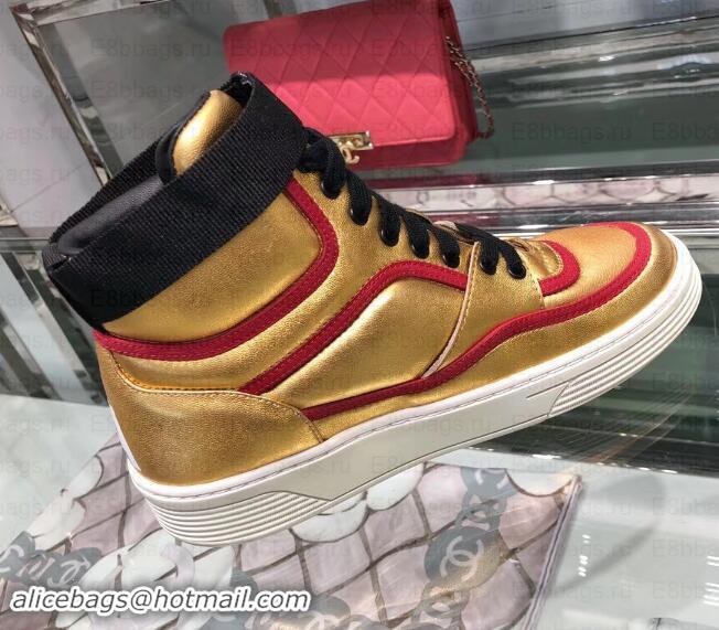 Classic Chanel Logo Satin Finish Lambskin High-top Sneakers G35062 Metallic Gold/Fuchsia 2019