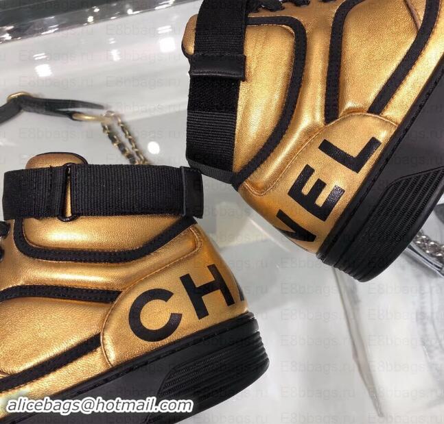 Stylish Chanel Logo Satin Finish Lambskin High-top Sneakers G35062 Metallic Gold/Black 2019