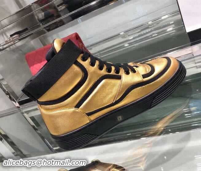 Stylish Chanel Logo Satin Finish Lambskin High-top Sneakers G35062 Metallic Gold/Black 2019